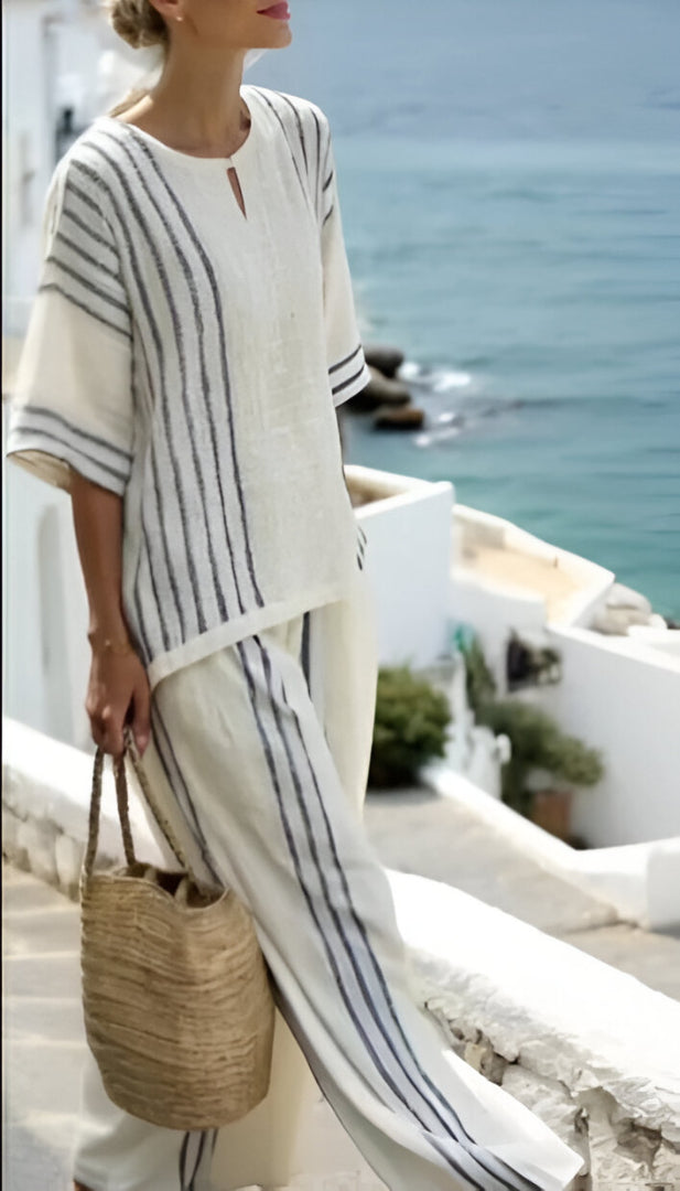 Conjunto Mariza de Linho Premium - 2 Peças Listrado Fresco e Solto (Primavera 2025)