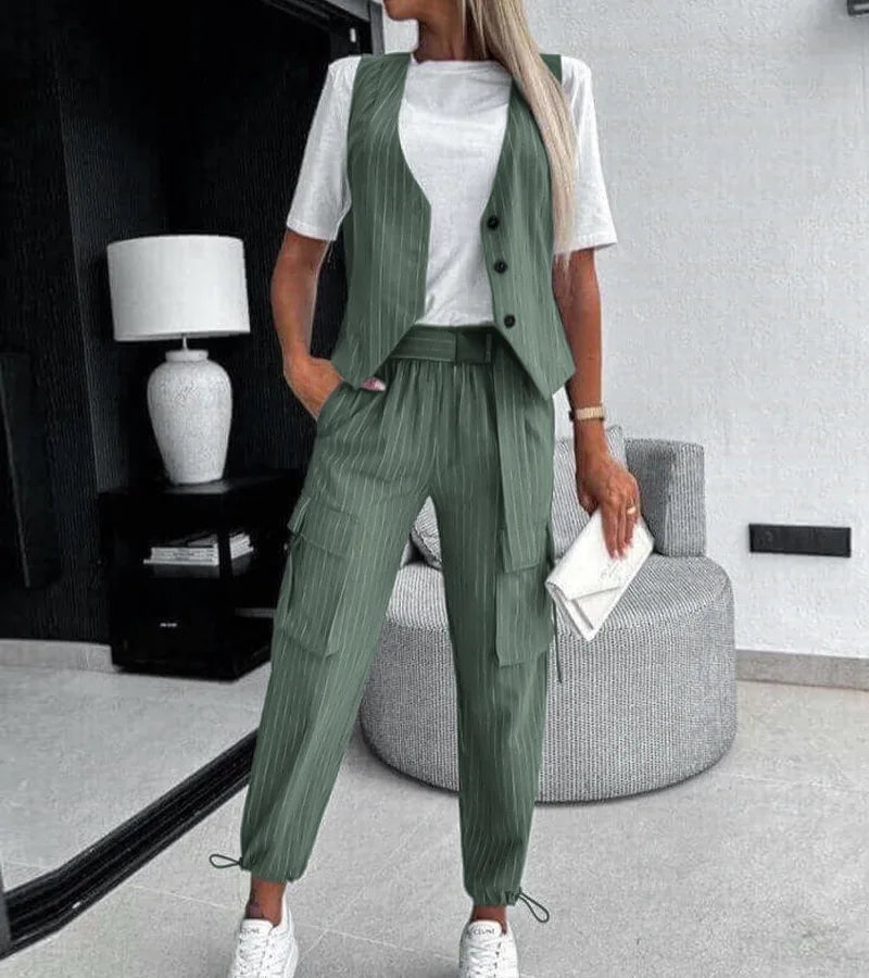 Womens Pant Sets New 2023 Striped Sleeveless Vest Set Casual Commuter Capris Two Piece Sets Womens Outifits