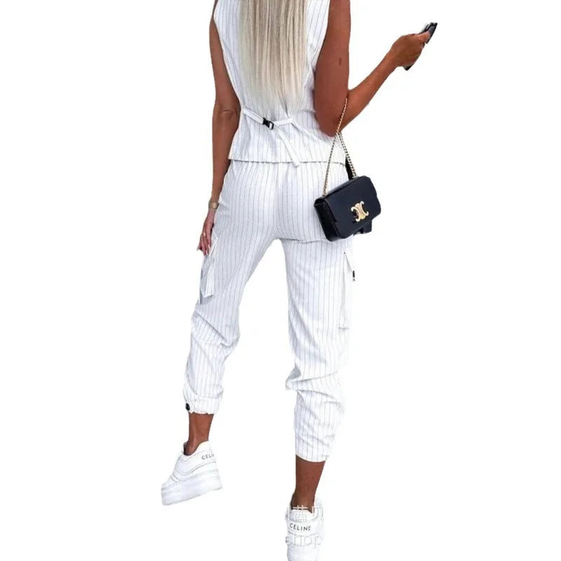 Womens Pant Sets New 2023 Striped Sleeveless Vest Set Casual Commuter Capris Two Piece Sets Womens Outifits