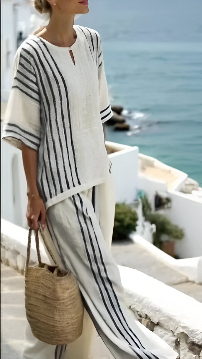 Conjunto Mariza de Linho Premium - 2  Peças Listrado Fresco e Solto (Primavera 2025)